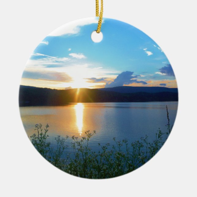 Blue sunset on lake ceramic tree decoration (Front)