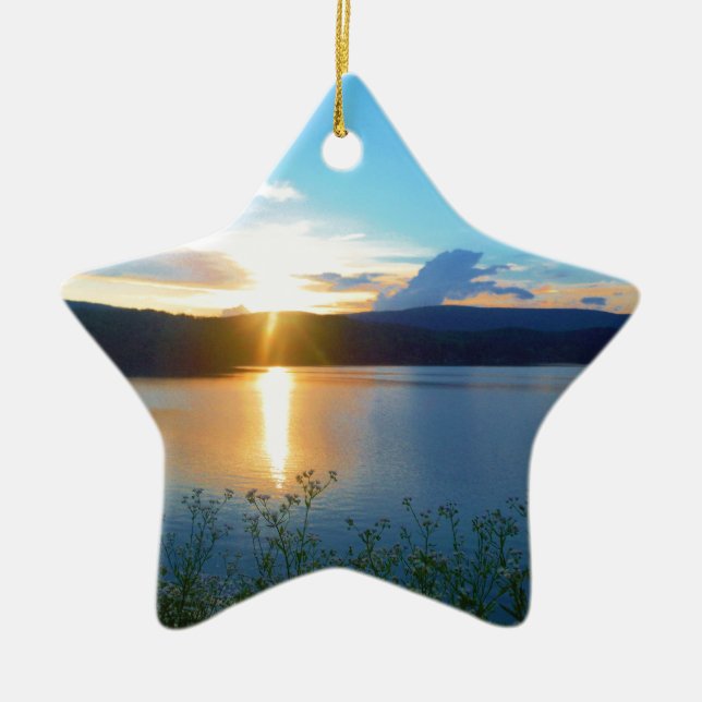 Blue sunset on lake ceramic tree decoration (Front)
