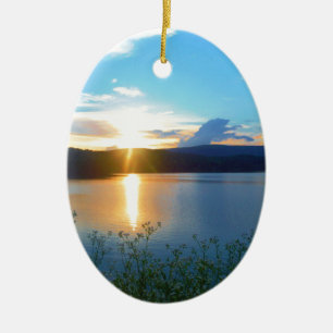 Blue sunset on lake ceramic tree decoration