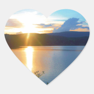 Blue sunset on lake heart sticker