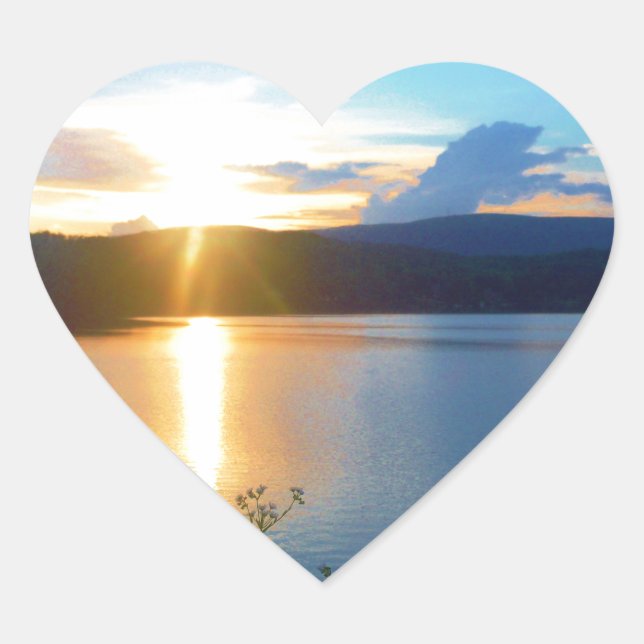 Blue sunset on lake heart sticker (Front)