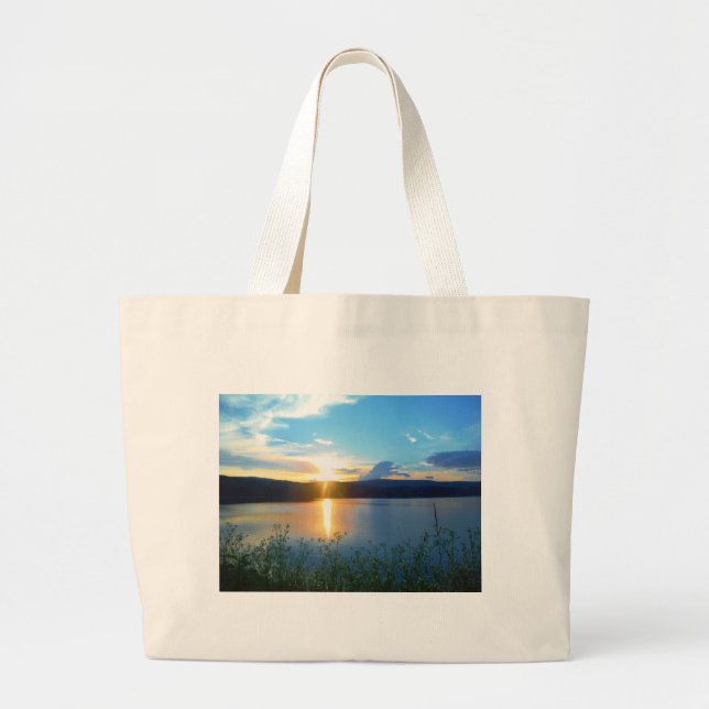 Blue sunset on lake large tote bag (Front)