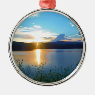 Blue sunset on lake metal tree decoration