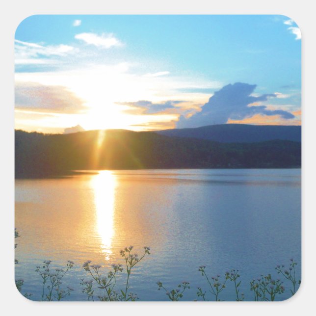 Blue sunset on lake square sticker (Front)
