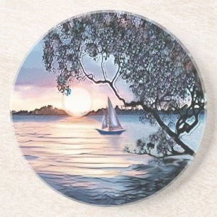 Blue Sunset Over Lake Sailboat Coaster