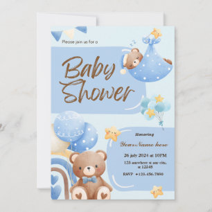 Blue Super Cute Bear Baby Shower Invitataions Boy Invitation