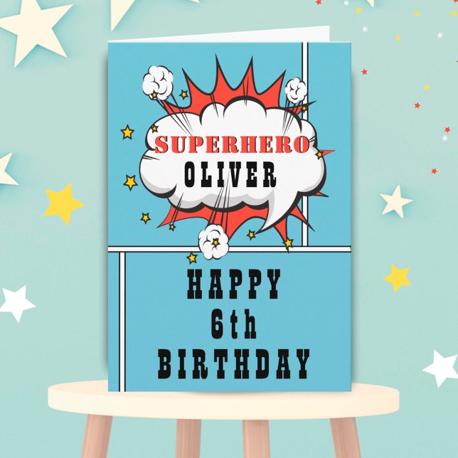 Blue Superhero Comic Speech Bubble Boy Birthday Card (Creator Uploaded)