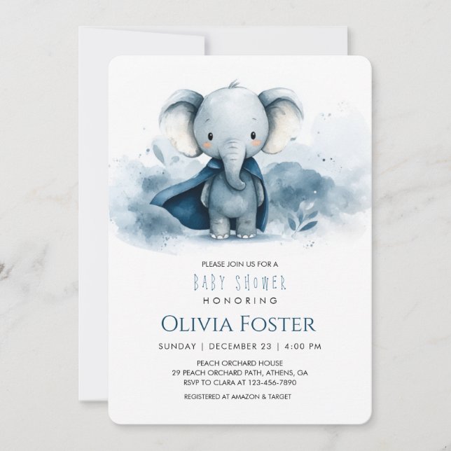 Blue Superhero Elephant Baby Shower Invitation (Front)