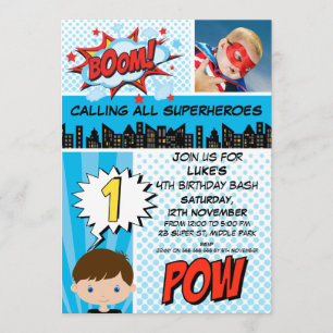 Blue Superhero Photo 1st Birthday Party Invitation