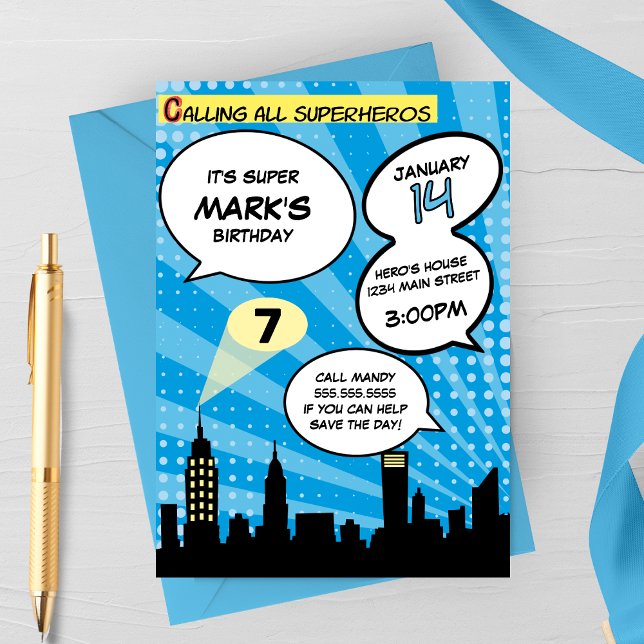 Blue Superheros Comic Book Styled Birthday Party Invitation (Creator Uploaded)