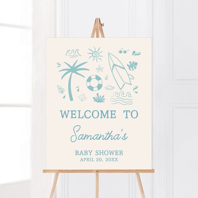 Blue Surf Baby on Board Baby Shower Welcome Poster (Blue Surf Baby on Board Baby Shower Welcome Sign)