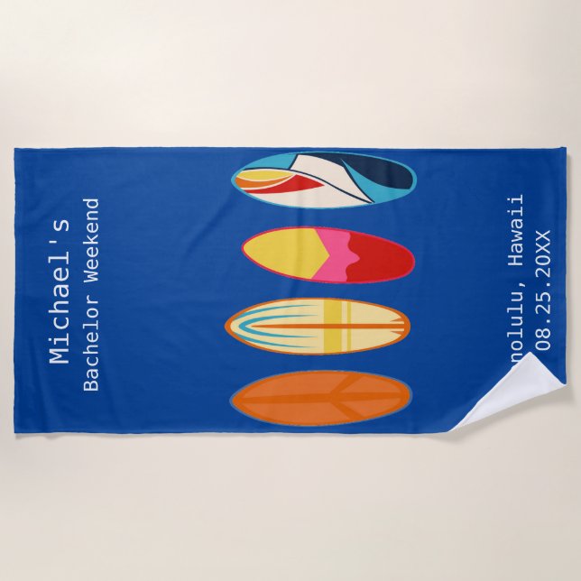 Blue Surf Board Wedding Party Favour Personalised Beach Towel (Front)