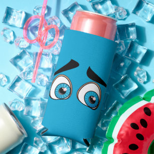 Blue Surprised Eyes Funny Can Cooler Customisable