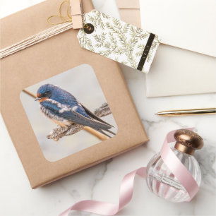 Blue Swallow on Branch Square Sticker