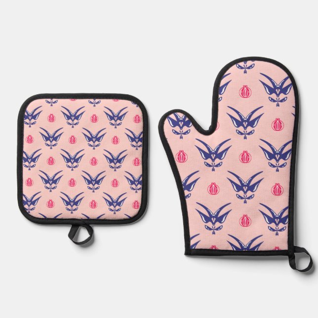 Blue Swallow & Pink Heart  Oven Mitt & Pot Holder Set (Front)