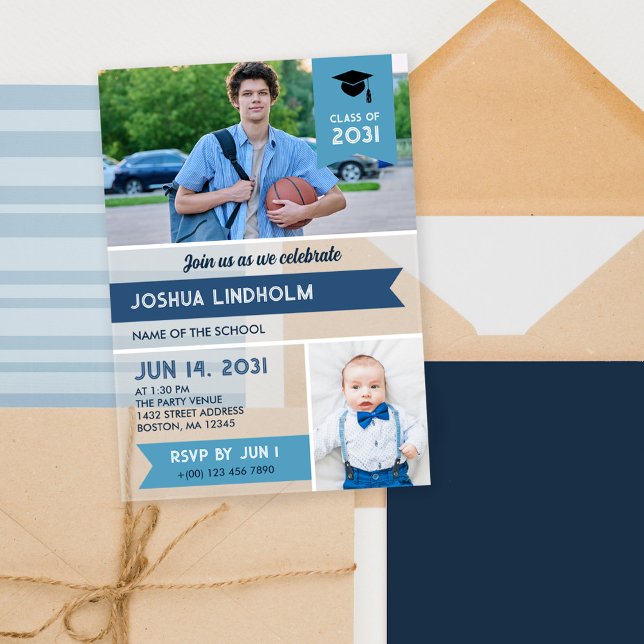 Blue Swallowtail Banners Photos Graduation Party Acrylic Invitations (Creator Uploaded)