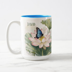 Blue Swallowtail Butterfly With Lotus Flower Name Two-Tone Coffee Mug