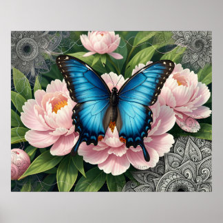 Blue Swallowtail Butterfly With Peonies Floral Art Poster