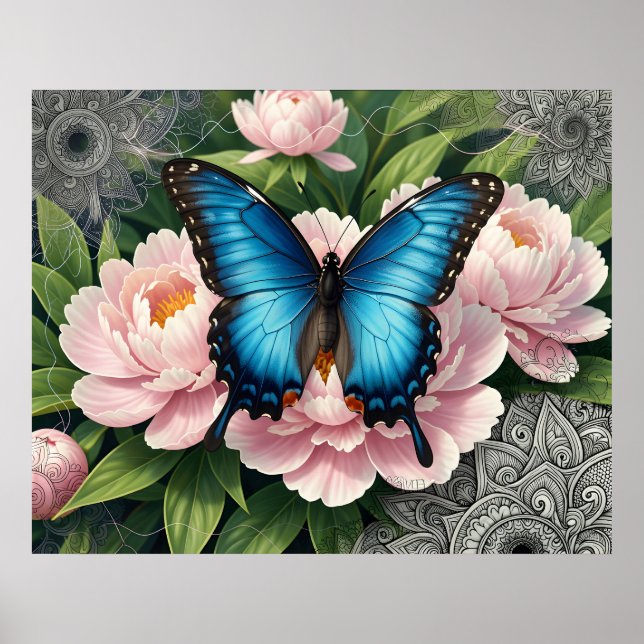 Blue Swallowtail Butterfly With Peonies Floral Art Poster (Front)