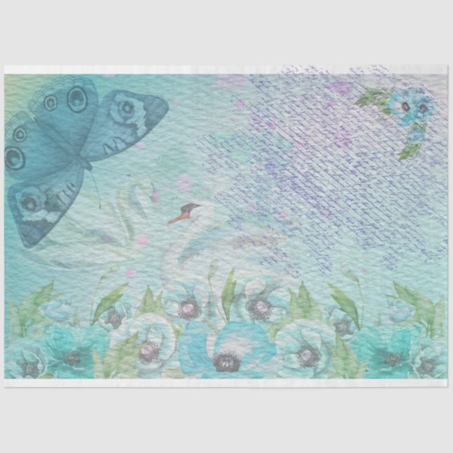 Blue Swan and Watercolor Butterfly  Tissue Paper (Front)
