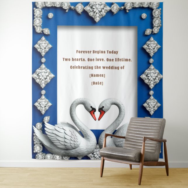 Blue Swan Heart Frame Wedding Theme Tapestry (In Situ)