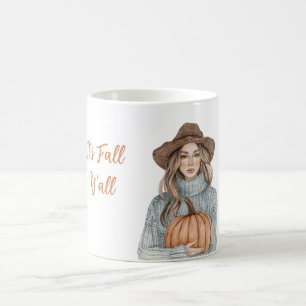 Blue Sweater Female Hat Pumpkin It's Fall Y'all Coffee Mug