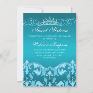 Blue Sweet16 Damask & Tiara Birthday Invite