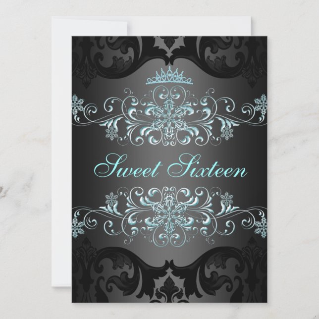 Blue Sweet16 Elegant Tiara Damask Birthday Invite (Front)