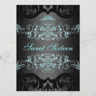 Blue Sweet16 Elegant Tiara Damask Birthday Invite