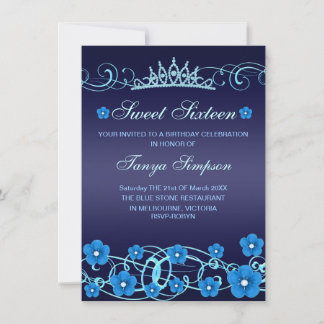 Blue Sweet16 Flower & Tiara Birthday Invite