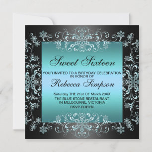 Blue Sweet16 Snow Dust Birthday Invite