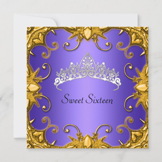 Blue Sweet 16 Birthday Party Gold White Tiara Invitation (Front)