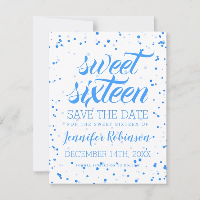 Blue Sweet 16 Birthday Save Date Confetti Save The Date (Front)