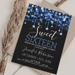 Blue Sweet 16 Birthday Sparkly String Lights Invitation<br><div class="desc">Elegant Blue & Black Sweet 16 Birthday Party Sparkly String Lights invitation template.</div>