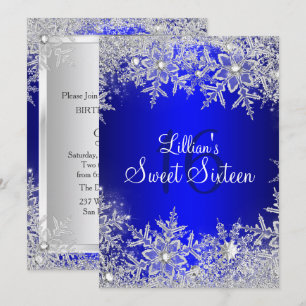 Blue Sweet 16 Snowflake Winter Wonderland Invitation