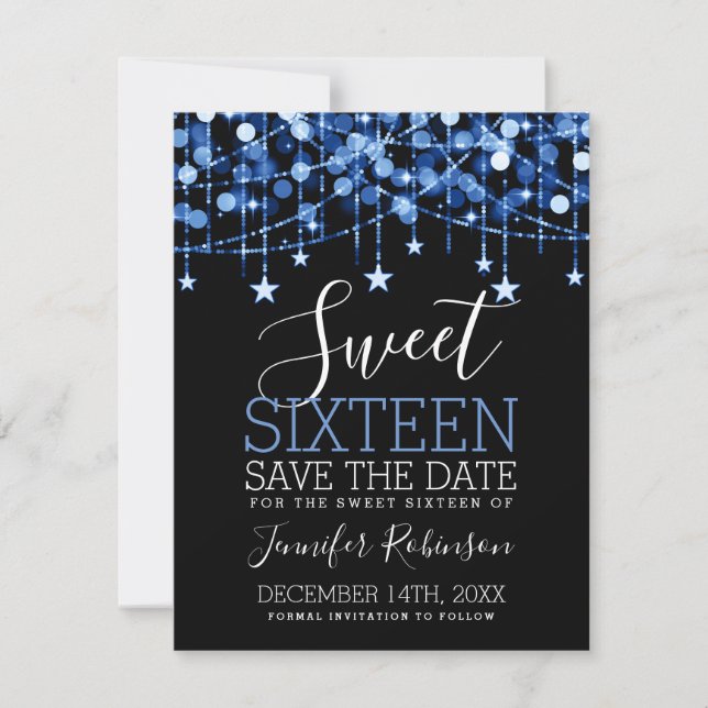 Blue Sweet 16 Sparkly String Lights Save Date Save The Date (Front)