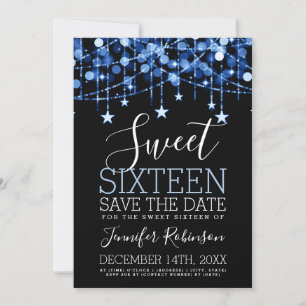 Blue Sweet 16 Sparkly String Lights Save Date Save The Date
