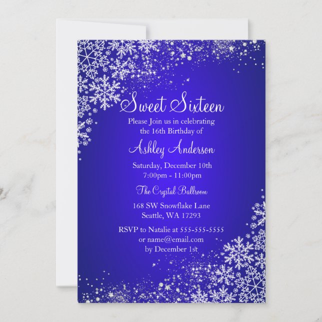 Blue Sweet 16 Winter Wonderland Sparkle Snowflakes Invitation (Front)