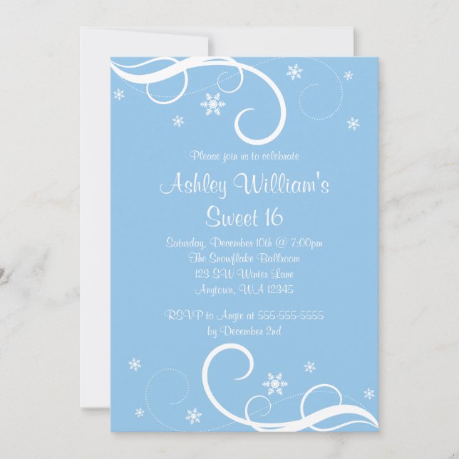 Blue Sweet 16 Winter Wonderland Swirl Snowflakes Invitation (Front)