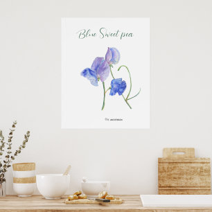 Blue sweet flowers botanical watercolor poster