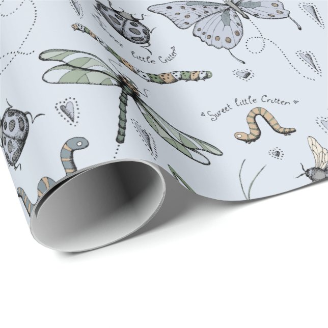 Blue Sweet Little Critter Baby Bugs Insects Kids Wrapping Paper (Roll Corner)