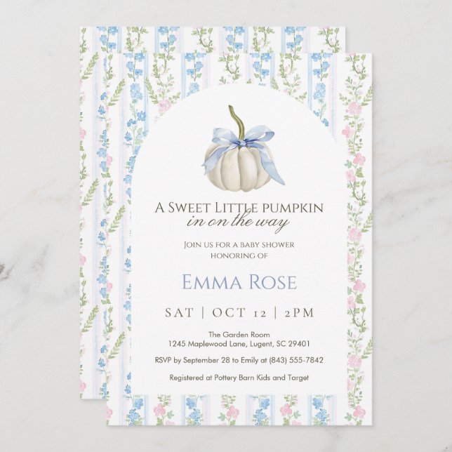 Blue Sweet Little Pumpkin Baby Shower Invitation (Front/Back)