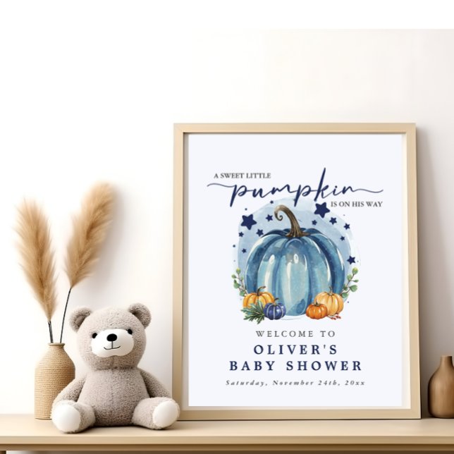 Blue Sweet Little Pumpkin Boy Baby Shower Welcome Poster (Creator Uploaded)