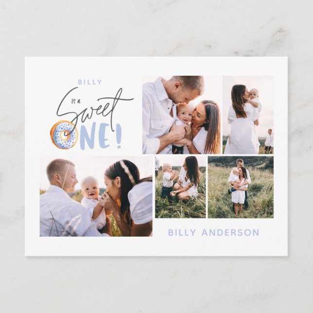 blue sweet one doughnut birthday multi photo holid holiday postcard (Front)