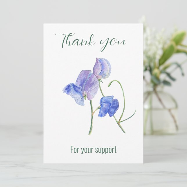 Blue sweet pea flowers Thank you for your support Card (Standing Front)