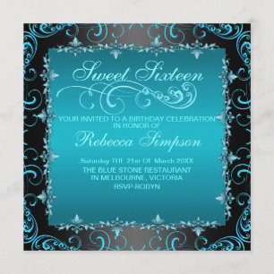 Blue Sweet Sixteen Swirl Birthday Invite