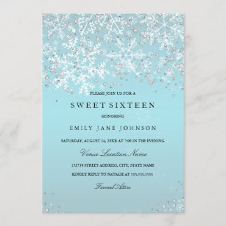 Blue Sweet Sixteen Winter Wonderland Snowflakes Invitation