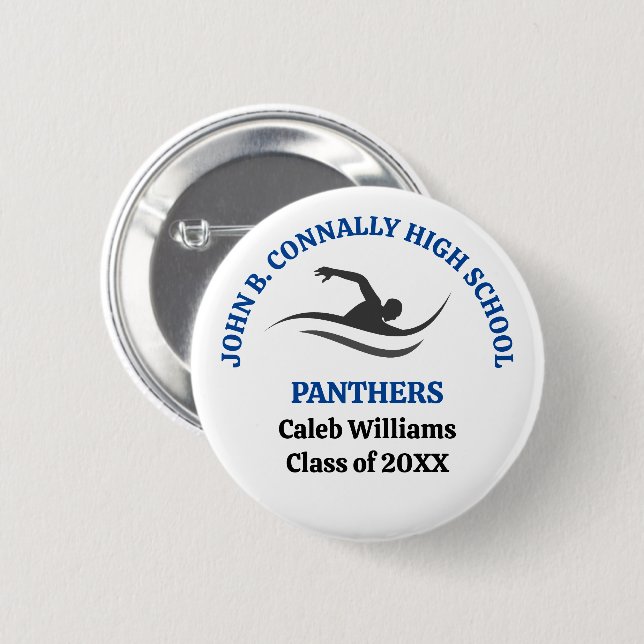 Blue Swim Team Personalised Swimmer 6 Cm Round Badge (Front & Back)