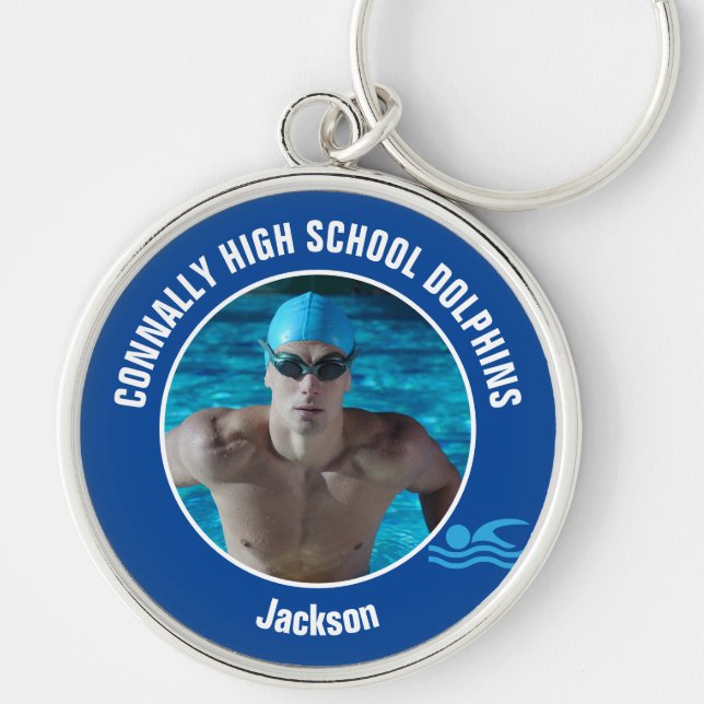 Blue Swim Team Photo High School Swimmer Key Ring (Front)