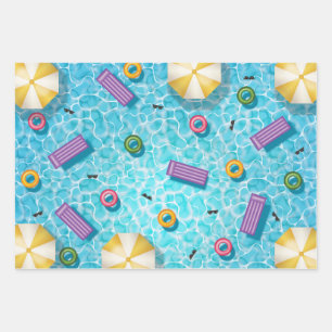 Blue Swimming Pool With Colorful Pool Gear Summer Wrapping Paper Sheet